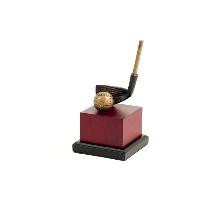 Occasion Gallery Black/Gold Color 8 1/4" Golf Club Head Sculpture on Burl Wood Base. 4.25 L x 4.25 W x 8.25 H in.