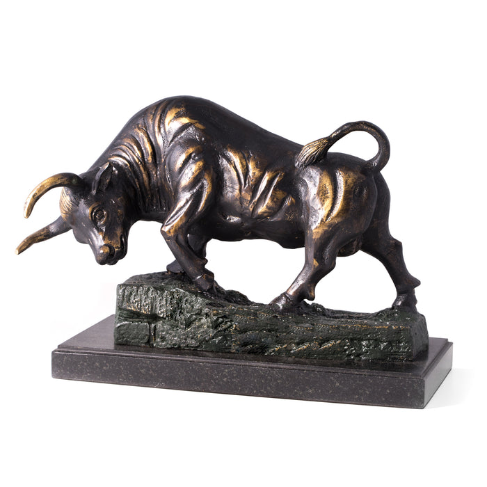 Occasion Gallery Bronze Color "Conquering Bull" Bronzed Finished Sculpture on Marble Base, Limited Edition. 14 L x 10.5 W x 10.5 H in.