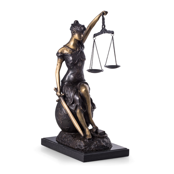 Occasion Gallery Bronze Color Limited Edition Bronze Seated Lady Justice with Globe on Marble Base. 6 L x 9.5 W x 16.5 H in.