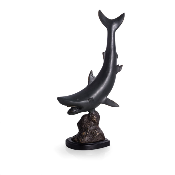 Occasion Gallery Black Color Brass Predator Shark Sculpture on Wood Base.  7.5 L x 4.5 W x 15.5 H in.