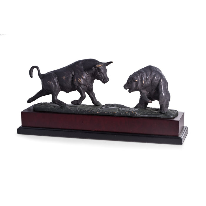 Occasion Gallery Black Color Charging Bull & Bear Sculpture with Bronzed Metal Finish on Burl Wood Base. 17.5 L x 5 W x 7.75 H in.