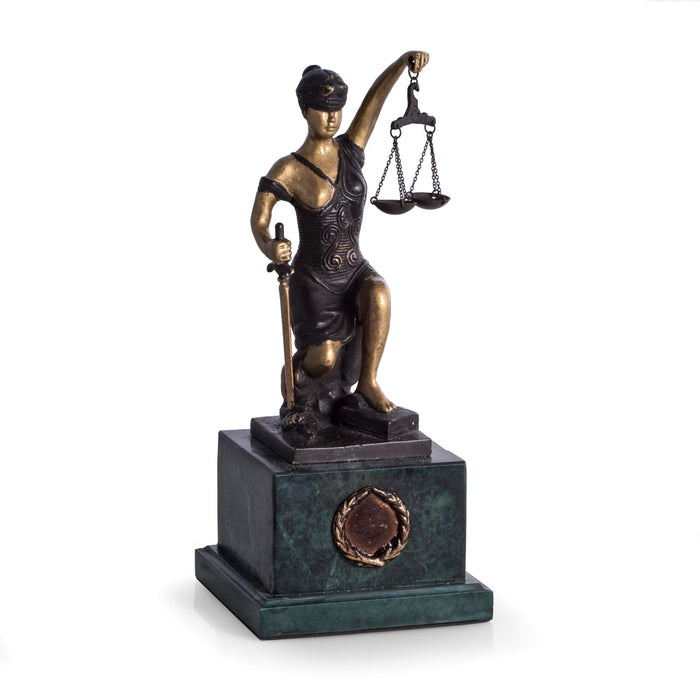 Occasion Gallery Black Color Bronzed Finish Kneeling Lady Justice Sculpture on Marble. 4.75 L x 4.75 W x 11 H in.