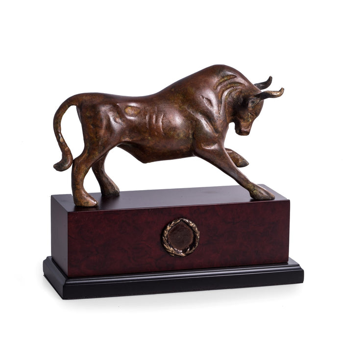Occasion Gallery Brown Color Brass Bull Sculpture with Flamed Patina Finish on Wood Base. 10 L x 3.75 W x 9 H in.