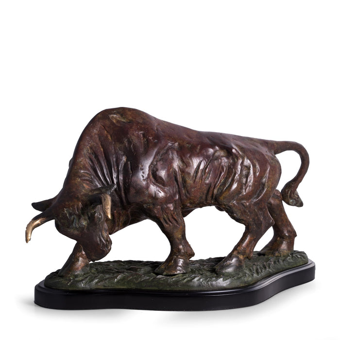 Occasion Gallery Brown Color "The Bull " Sculpture with Flamed Patina Finish on Wood Base. 21 L x 9 W x 11 H in.