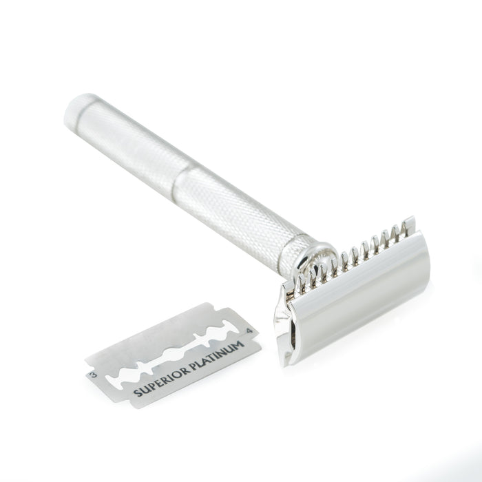 Occasion Gallery Silver Color Chrome Plated Safety Razor with Diamond Cut Design Handle. 1.65 L x 1 W x 4.25 H in.