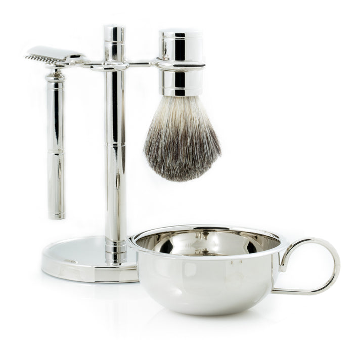 Occasion Gallery Silver Color Safety Razor & Pure Badger Brush with Soap Dish on Chrome Stand. 3.5 L x 3.5 W x 6 H in.