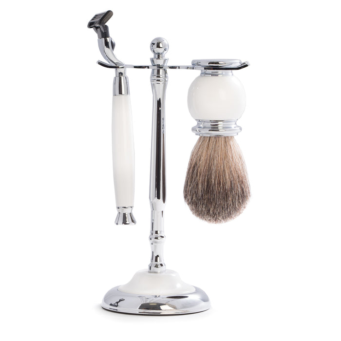 Occasion Gallery Silver Color "Mach3" Razor & Pure Badger Brush with Chrome Plated White Enamel Finish. 2.75 L x 6.75 W x 2.75 H in.