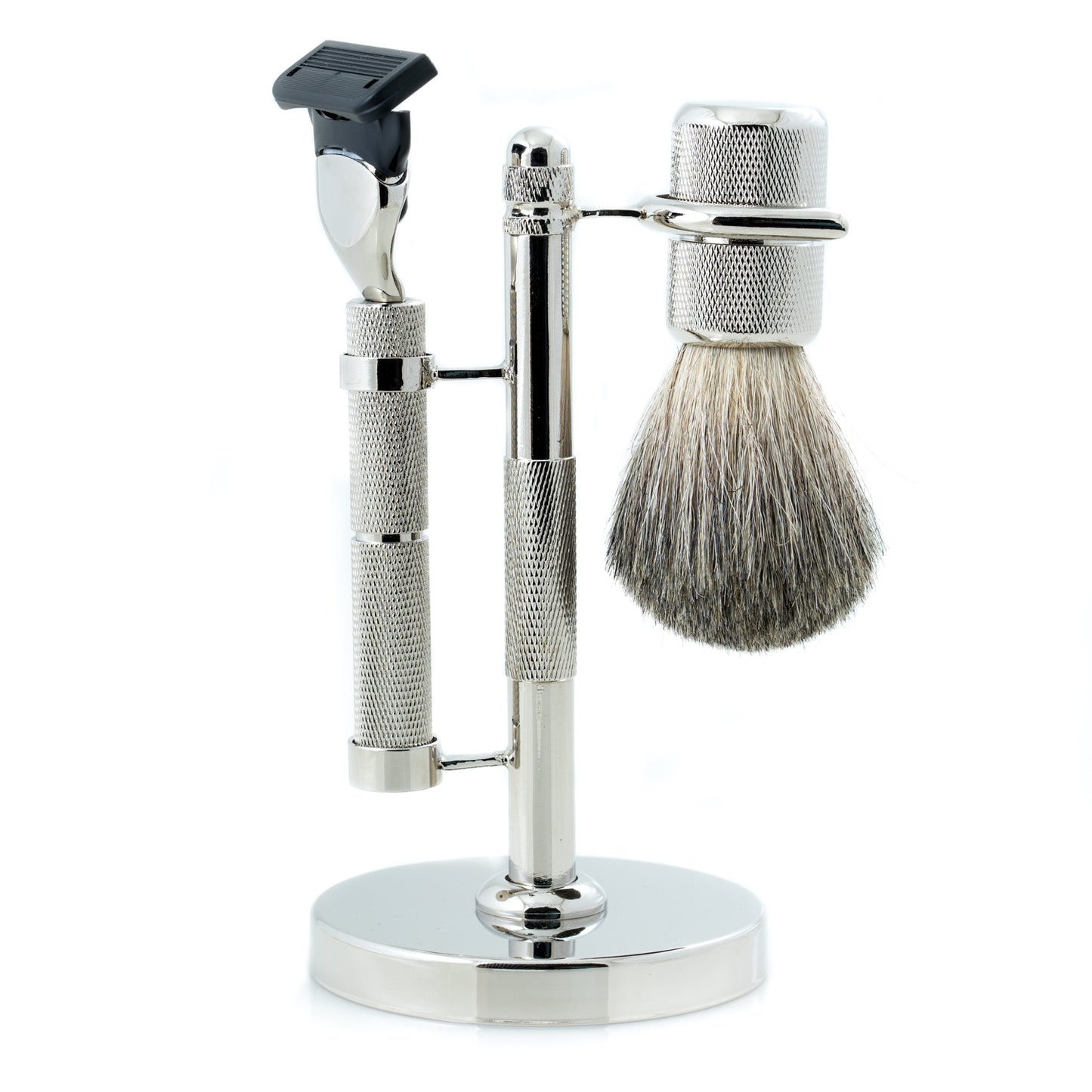 Occasion Gallery Silver Color "Fusion" Razor & Pure Badger Brush on Diamond Cut Design Chrome Stand. 3.25 L x 3.25 W x 6.25 H in.
