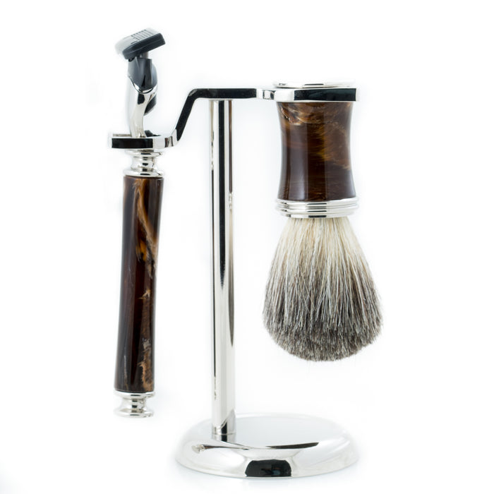 Occasion Gallery Silver Color "Fusion" Razor & Pure Badger Brush with Marbleized Brown Enamel on Chrome Stand. 4 L x 2.75 W x 6.25 H in.