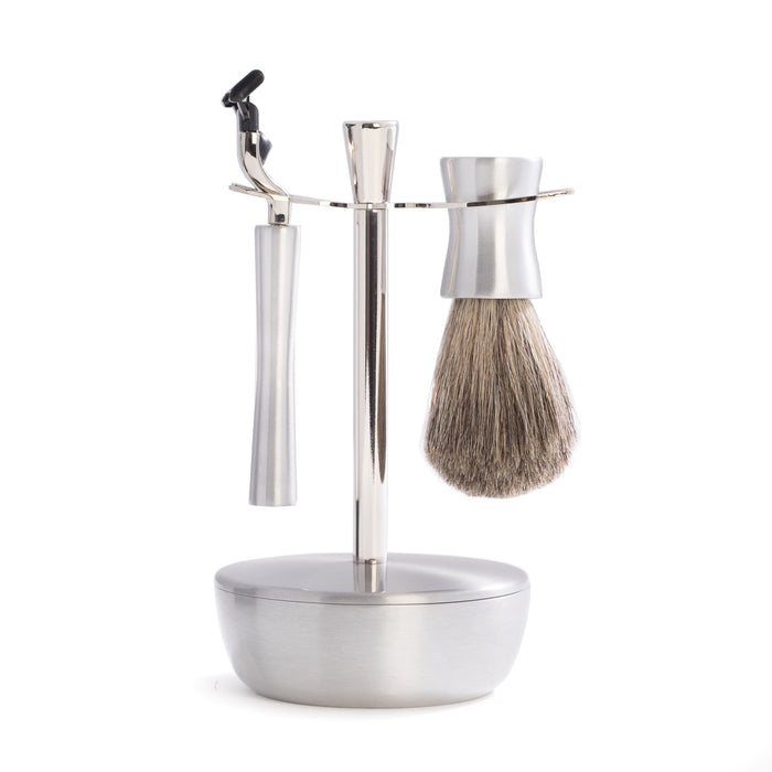 Occasion Gallery Silver Color "Mach 3" Razor & Pure Badger Brush with Chrome and Stainless Soap Dish & Stand. 3.75 L x 6.5 W x 3.75 H in.
