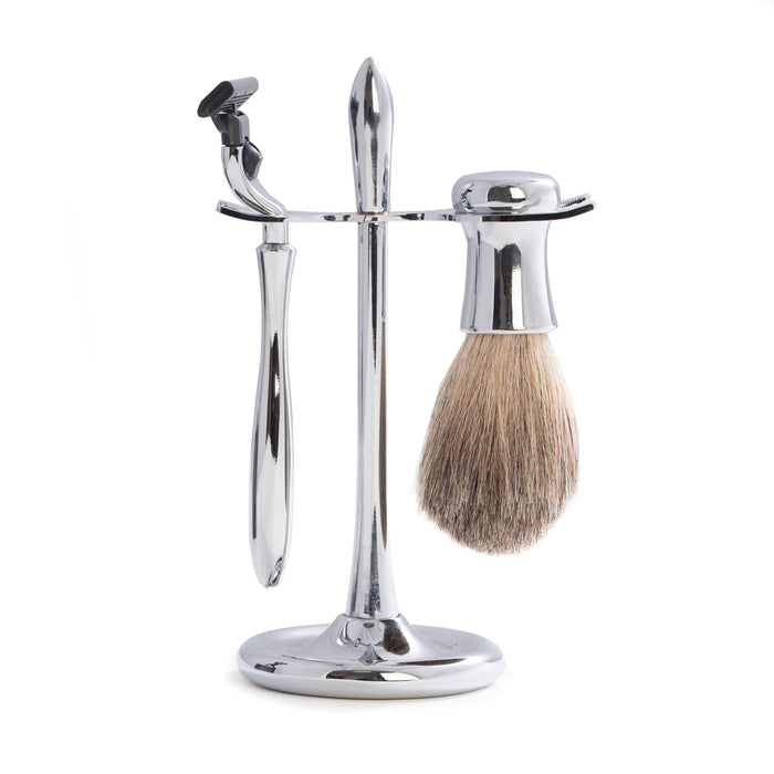 Occasion Gallery Silver Color "Mach 3" Razor & Pure Badger Brush on Chrome Stand. 4 L x 6.25 W x 2.65 H in.