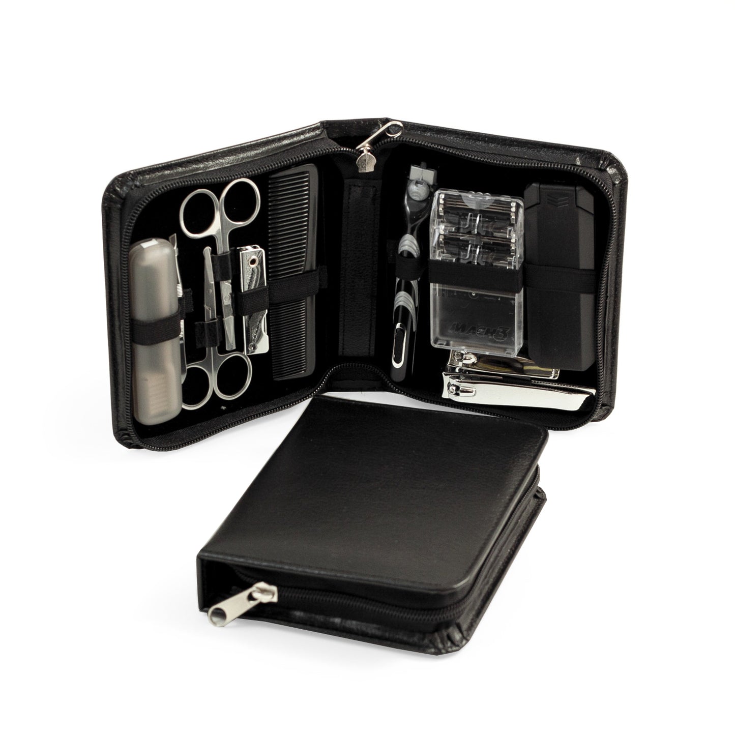 Occasion Gallery Black Color 11 Pieces Manicure & Grooming Set with "Mach3" Razor and Two Refills, Large and Small Nail Clippers, Lint Brush, Comb, Nail File, Cuticle and Nose Scissors, Tweezers & Tooth Brush in Black Leather Case. 6 L x 5 W x 1.25 H in.
