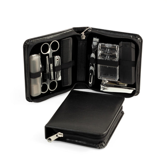 Occasion Gallery Black Color 11 Pieces Manicure & Grooming Set with "Mach3" Razor and Two Refills, Large and Small Nail Clippers, Lint Brush, Comb, Nail File, Cuticle and Nose Scissors, Tweezers & Tooth Brush in Black Leather Case. 6 L x 5 W x 1.25 H in.