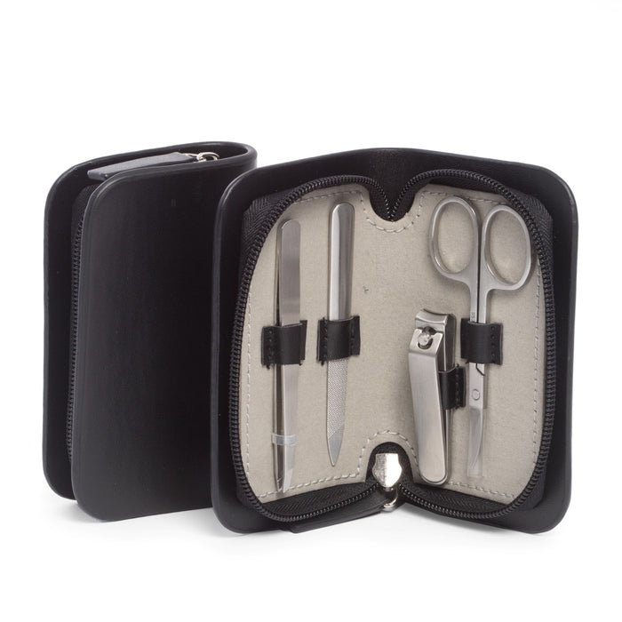 Occasion Gallery BLACK  Color 4 Piece Manicure Set with Small Nail Clippers, Scissors, File and Tweezers in Black Leather Case. 4.75 L x 3 W x 1 H in.