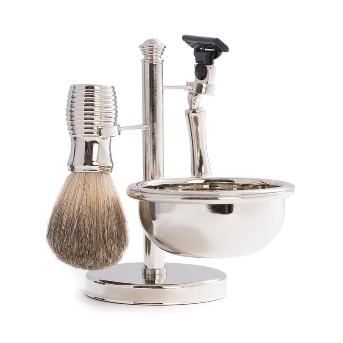 Occasion Gallery Silver Color "Mach 3" Razor & Pure Badger Brush with Soap Dish on Chrome Stand. 5.25 L x 5.5 W x 4 H in.