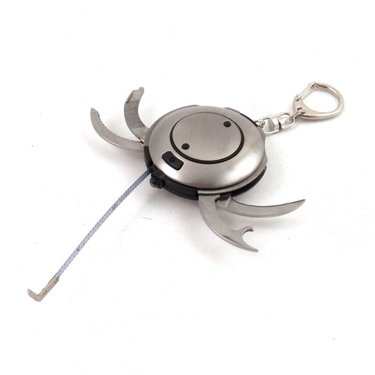 Occasion Gallery Silver Color Multifunctional Brushed Stainless Steel Key Ring with LED light, 3' Tape Measure, Foil Cutter, File and Screwdriver, Bottle Opener and Knife.  2 L x 0.75 W x 2 H in.