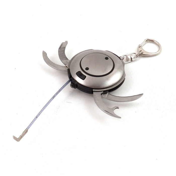 Occasion Gallery Silver Color Multifunctional Brushed Stainless Steel Key Ring with LED light, 3' Tape Measure, Foil Cutter, File and Screwdriver, Bottle Opener and Knife.  2 L x 0.75 W x 2 H in.