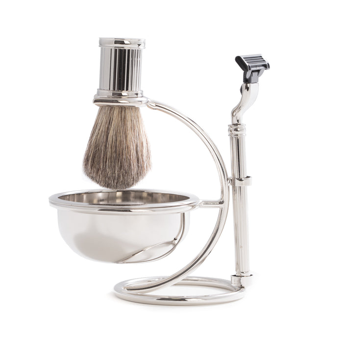 Occasion Gallery Silver Color "Mach 3" Razor & Pure Badger Brush with Soap Dish on Chrome Stand. 4 L x 6.5 W x 4 H in.