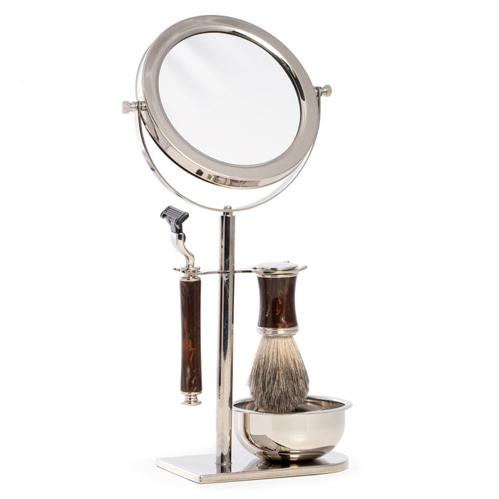 Occasion Gallery SILVER Color Mach3 Razor & Pure Badger Brush with Marbleized Brown Enamel on Chrome Stand with 3x Magnified Double Sided Mirror. 3.25 L x 5.25 W x 13.5 H in.