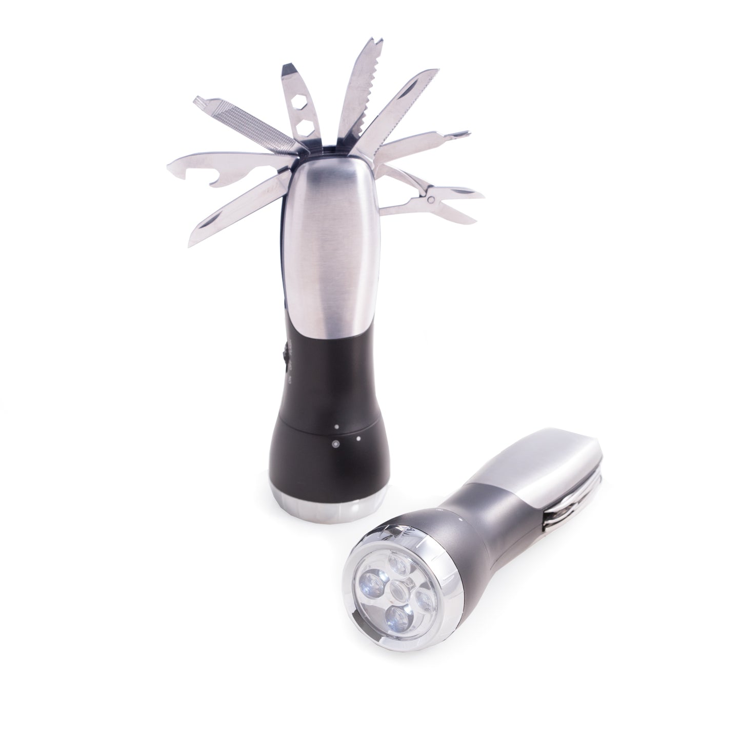 Occasion Gallery Black Multifunctional Brushed Stainless Steel Flash Light, Various Tools, and Knives in a Canvas Belt Carrying Case. 5.5 L x 1.65 W x 1.65 H in.