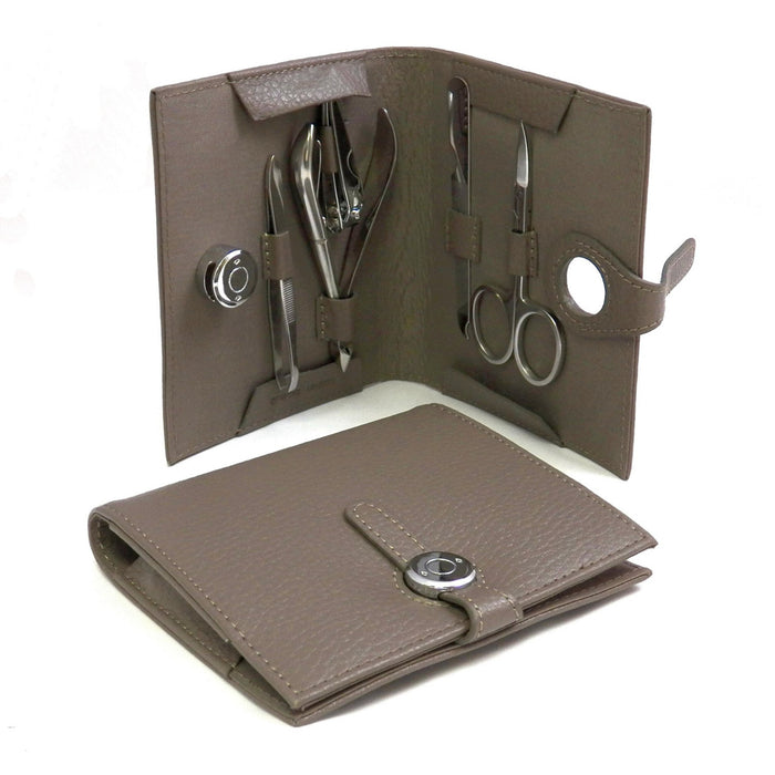 Occasion Gallery Gray Color 5 Piece Manicure Set with Scissors, File, Nipper, Small Clipper and Tweezers in Stone Leather Case. 4 L x 5 W x 0.5 H in.