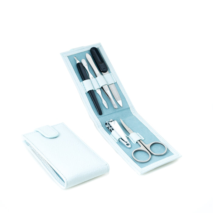 Occasion Gallery Blue Color 6 Piece Manicure Set with Cuticle Trimmer and Cleaner, Small Nail Clipper, Scissors, File and Tweezers in Lite Light Blue Case with Snap Closure. 4 L x 2.5 W x 0.75 H in.