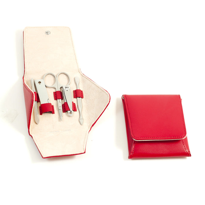 Occasion Gallery Red Color 5 Piece Manicure Set with Cuticle Cleaner, Small Nail Clipper, Scissors, File & Knife Tool and Tweezers in Red Leather Case. 3.75 L x 4.25 W x 1 H in.