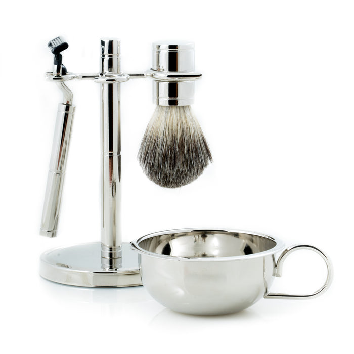 Occasion Gallery Silver Color "Mach 3" Razor & Pure Badger Brush with Soap Dish on Chrome Stand. 3.5 L x 3.5 W x 6 H in.