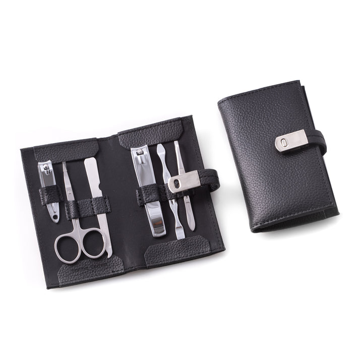 Occasion Gallery Black Color 6 Piece Manicure Set with Cuticle Cleaner, Small and Large Nail Clippers, Scissors, File and Tweezers in Black Leather Case. 3 L x 5 W x 1 H in.