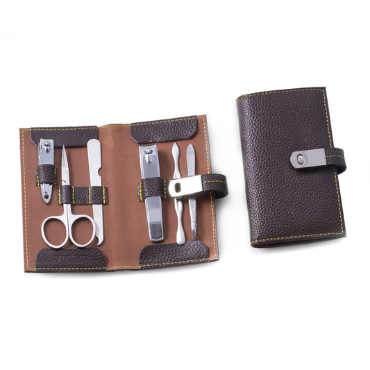 Occasion Gallery Brown Color 6 Piece Manicure Set with Cuticle Cleaner, Small and Large Nail Clippers, Scissors, File and Tweezers in Brown Leather Case. 3 L x 5 W x 1 H in.