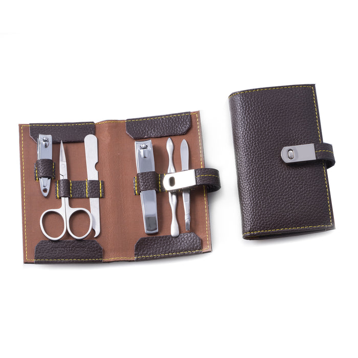 Occasion Gallery Brown Color 6 Piece Manicure Set with Cuticle Cleaner, Small and Large Nail Clippers, Scissors, File and Tweezers in Brown Leather Case. 3 L x 5 W x 1 H in.