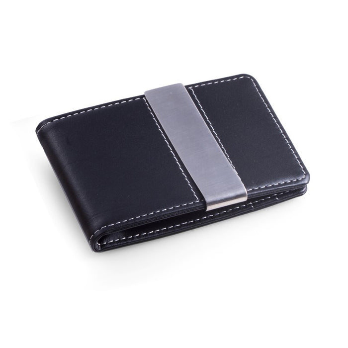 Occasion Gallery Black Color Black Leather Wallet with Credit Card / ID Slots and Stainless Steel Money Clip. 4.25 L x 2.85 W x 0.5 H in.