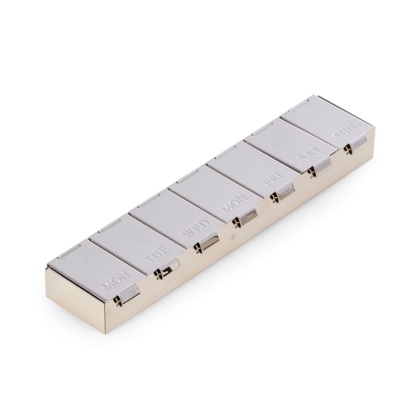 Occasion Gallery Silver Color Chrome Plated and Plastic Lined Pill Box with Days of the Week. 6.15 L x 0.35 W x 1.35 H in.