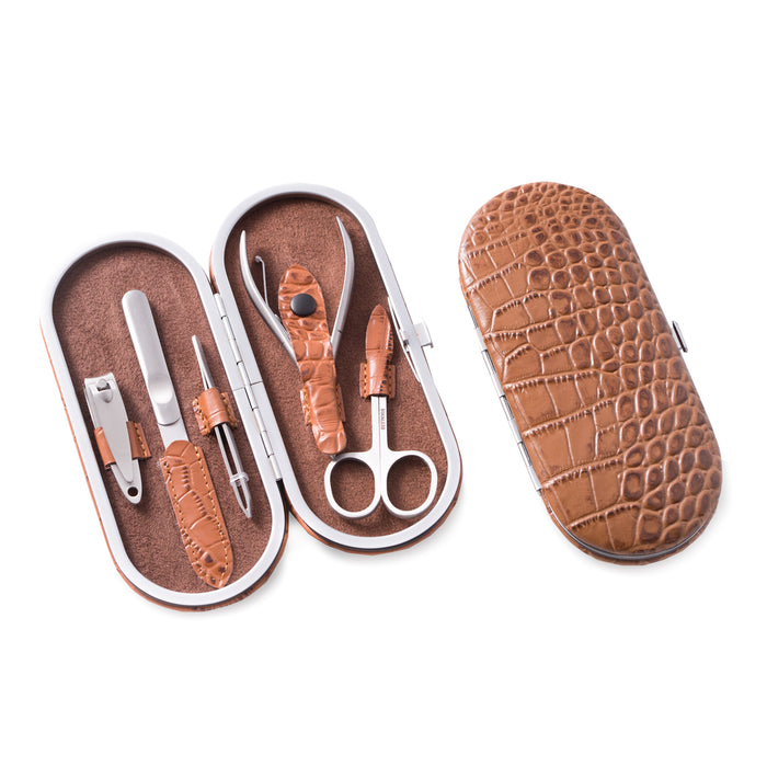 Occasion Gallery Brown Color 5 Piece Manicure Set with Small Clipper, File, Tweezers, Nipper and Scissors in Brown Leather with Croco Pattern Case. 6 L x 0.75 W x 3.25 H in.