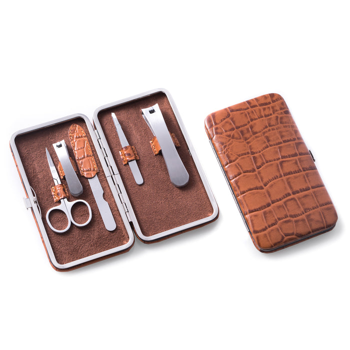 Occasion Gallery Brown Color 5 Piece Manicure Set with Small and Large Clippers, File, Tweezers and Scissors in Brown Leather with Croco Pattern Case. 6 L x 0.75 W x 3 H in.