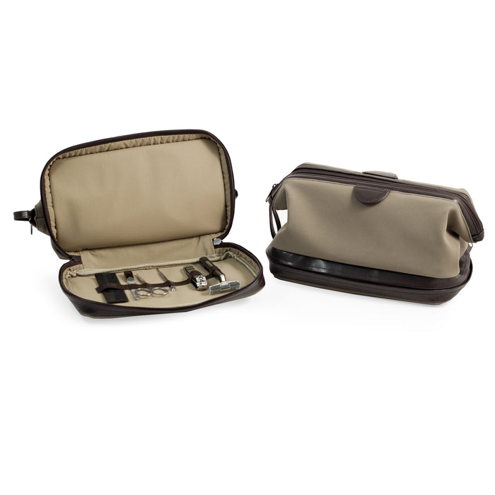 Occasion Gallery Brown Color Ultra Suede & Brown Leather Toiletry Bag with 6 Piece Manicure & Grooming Set. Includes "Track II" Shaver, Large Clipper, Small Screwdriver, Scissors, File and Comb. 10.25 L x 5.5 W x 5.25 H in.