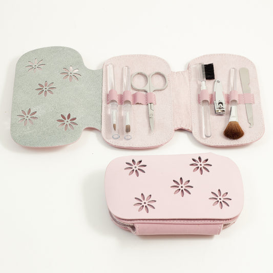 Occasion Gallery Pink Color 7 Pieces Manicure Set with Small Clipper, File, Scissor and 4 Makeup Brushes in Pink Leather & Ultra Sued Case. 5.5 L x 5 W x 0.75 H in.