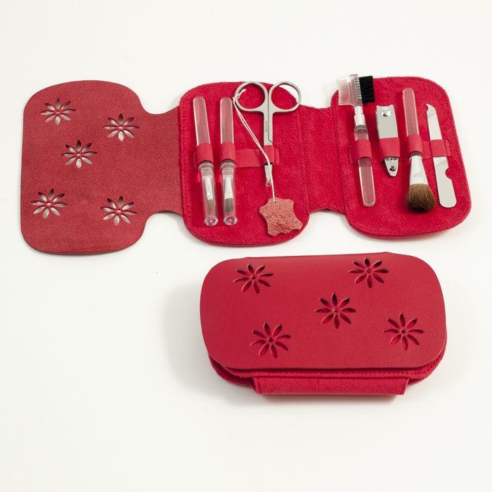Occasion Gallery Red Color 7 Pieces Manicure Set with Small Clipper, File, Scissor and 4 Makeup Brushes in Red Leather & Ultra Sued Case. 5.5 L x 5 W x 0.75 H in.