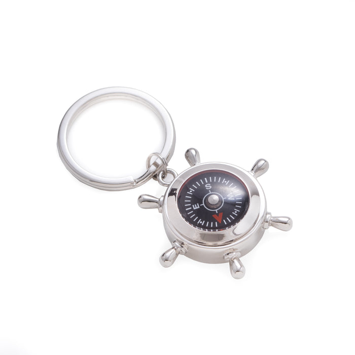 Occasion Gallery Silver Color Nickel Plated Key Ring with Compass and Ships Wheel Design. 1.75 L x 0.5 W x 3 H in.