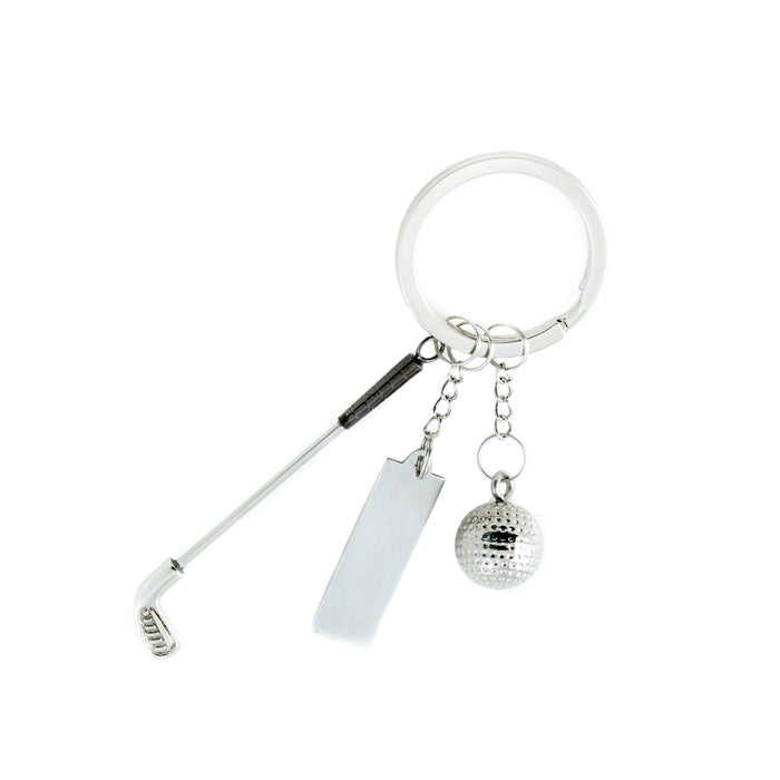 Occasion Gallery Silver Color Chrome Plated Golf Ball & Club Key Ring with personalization Tab. 4 L x 1.25 W x 0.5 H in.
