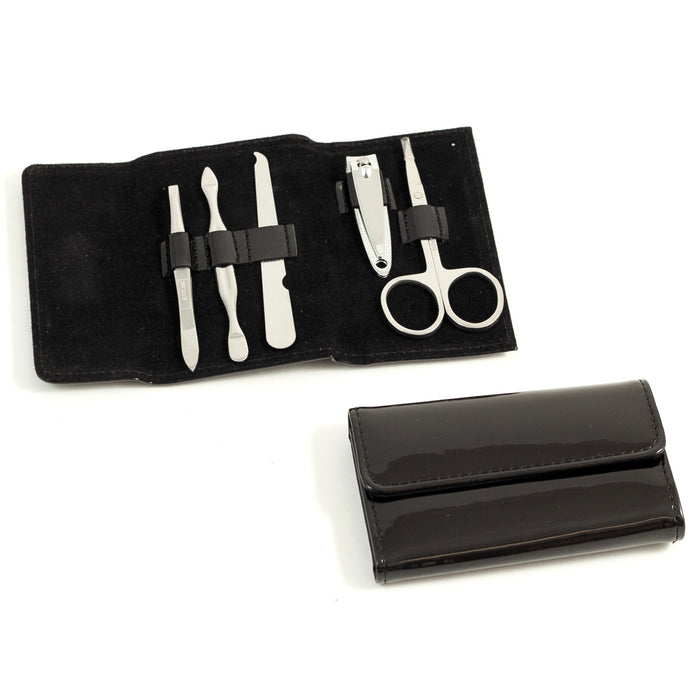 Occasion Gallery Black Color 5 Piece Manicure Set with Tweezers, Cuticle Cleaner, File, Small Clipper and Scissor in Black Leather. 4 L x 2.5 W x 0.5 H in.