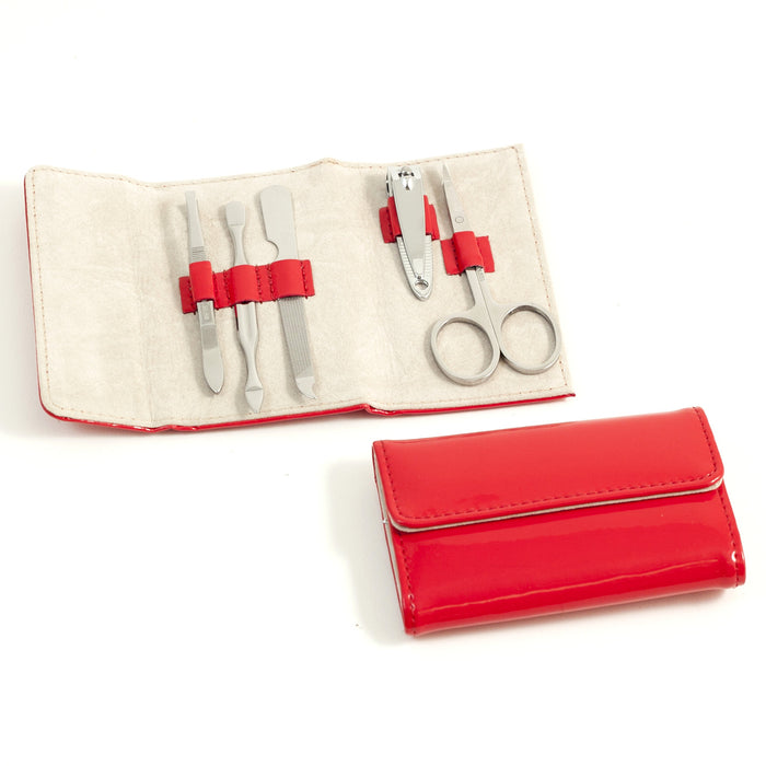 Occasion Gallery Red Color 5 Piece Manicure Set with Tweezers, Cuticle Cleaner, File, Small Clipper and Scissor in Red Leather. 4 L x 2.5 W x 0.5 H in.
