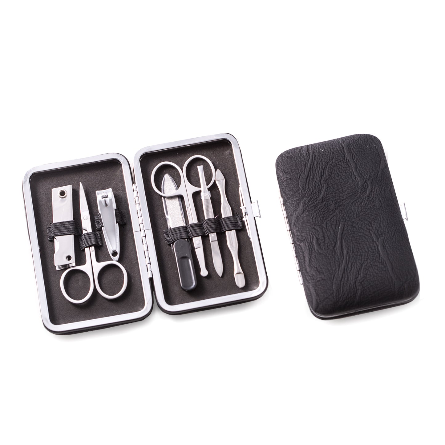 Occasion Gallery Black Color 9 Pieces Manicure Set with Small Nail Clipper, Nail File, Cuticle and Nose Scissors, Cuticle Cleaner, Tweezers and a 3 Piece Tool Set with Knife, Small File & Can Opener in a Black Ultra Suede Case. 3 L x 4.75 W x 0.75 H in.