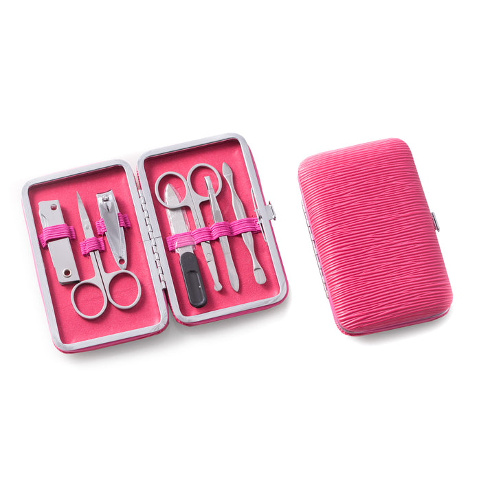 Occasion Gallery Coral Color 9 Pieces Manicure Set with Small Nail Clipper, Nail File, Cuticle and Nose Scissors, Cuticle Cleaner, Tweezers and a 3 Piece Tool Set with Knife, Small File & Can Opener in a Coral Ultra Suede Case. 3 L x 4.75 W x 0.75 H in.