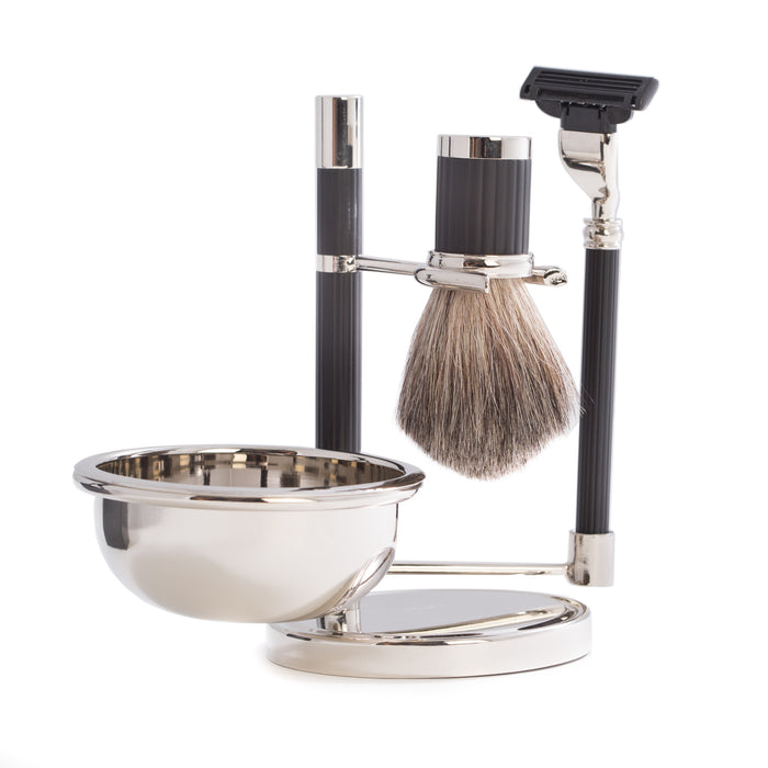 Occasion Gallery Black Color "Mach 3" Razor & Pure Badger Brush with Soap Dish on Chrome Black Stand. 4 L x 6.5 W x 4 H in.