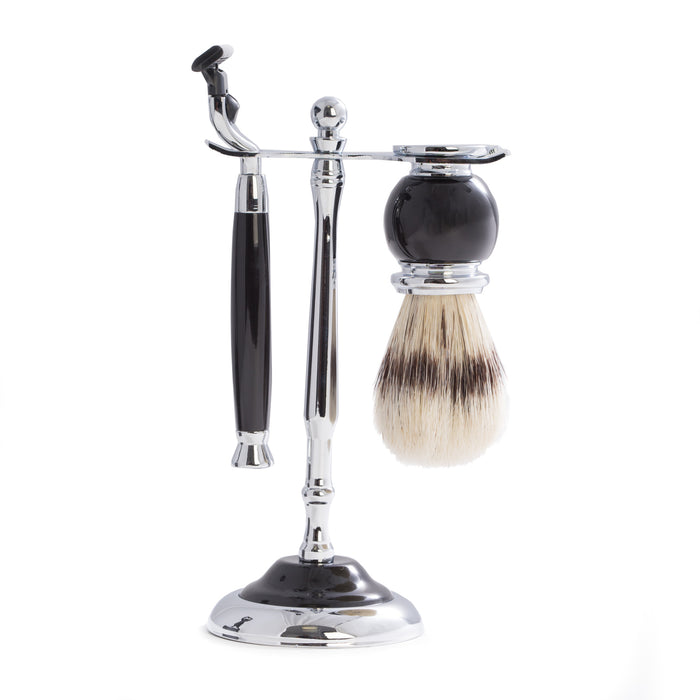 Occasion Gallery Black Color "Mach3" Razor & Pure Badger Brush with Chrome Plated Black Enamel Finish. 2.75 L x 6.75 W x 2.75 H in.