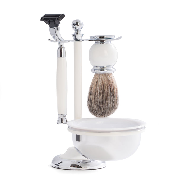 Occasion Gallery White Color "Mach3" Razor & Pure Badger Brush with Soap Dish on Chrome Plated White Enamel Finish Base. 4.5 L x 7 W x 5.75 H in.