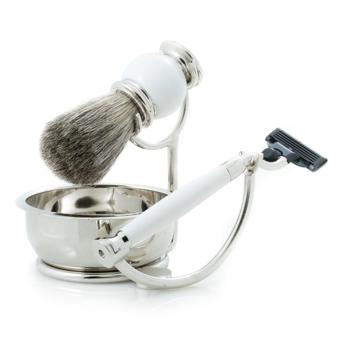 Occasion Gallery White Color "Mach 3" Razor with Badger Brush and Soap Dish on Chrome Stand and  White Enamel Finish. 5 L x 4.5 W x 4.75 H in.