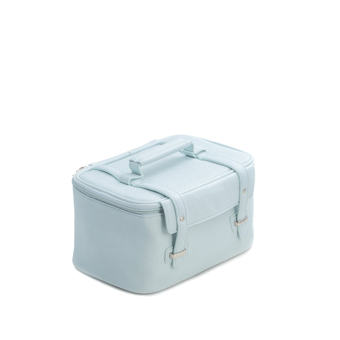 Occasion Gallery Blue Color Light Blue Leatherette Travel Makeup Case with 3 Removable Compartments, Elastic Loops, Zippered Compartment, Nylon Lining and Zipper Closure.  10 L x 7 W x 6 H in.