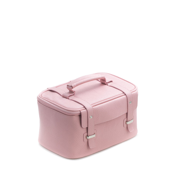 Occasion Gallery Pink Color Pink Leatherette Travel Makeup Case with 3 Removable Compartments, Elastic Loops, Zippered Compartment, Nylon Lining and Zipper Closure.  10 L x 7 W x 6 H in.